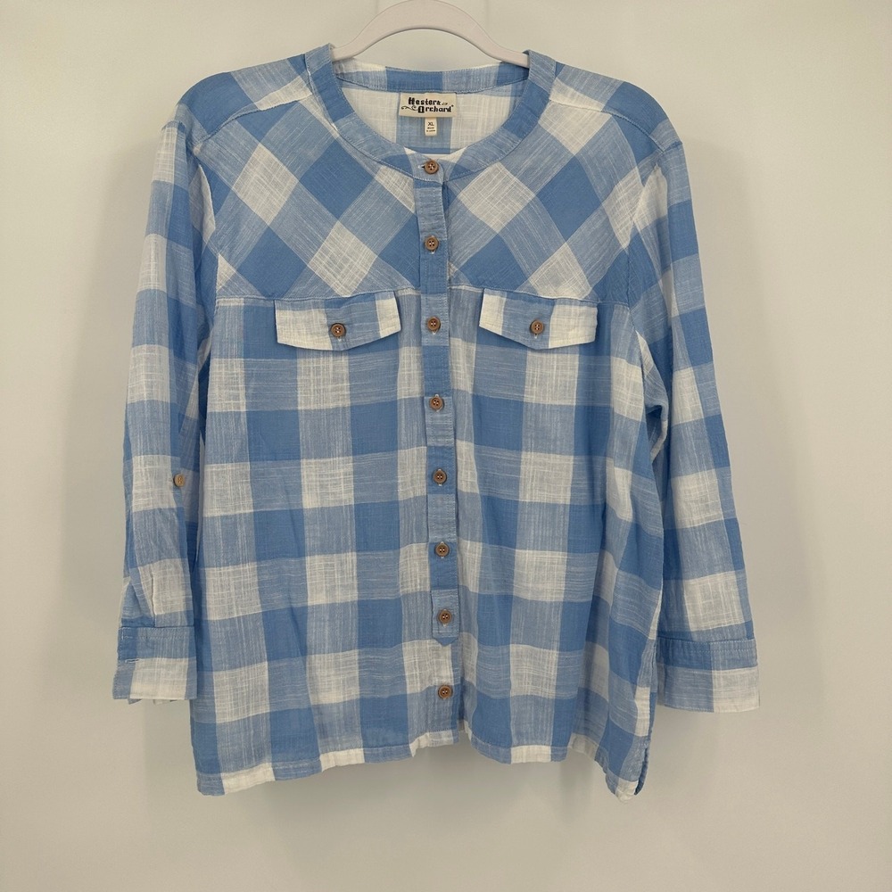 Womens Cottagecore Gingham Top Size XL Cotton Picnic Farmhouse Minimalist Blue - Picture 1 of 8